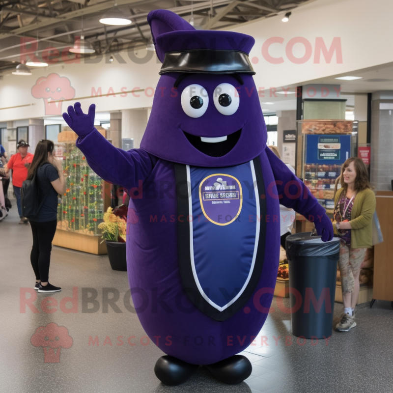 Navy Eggplant mascot costume character dressed with a Vest and Bracelets