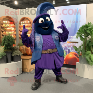 Navy Eggplant mascot costume character dressed with a Vest and Bracelets