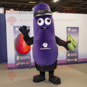 Navy Eggplant mascot costume character dressed with a Vest and Bracelets