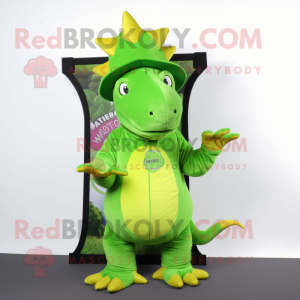 Lime Green Stegosaurus mascot costume character dressed with a Coat and Hats