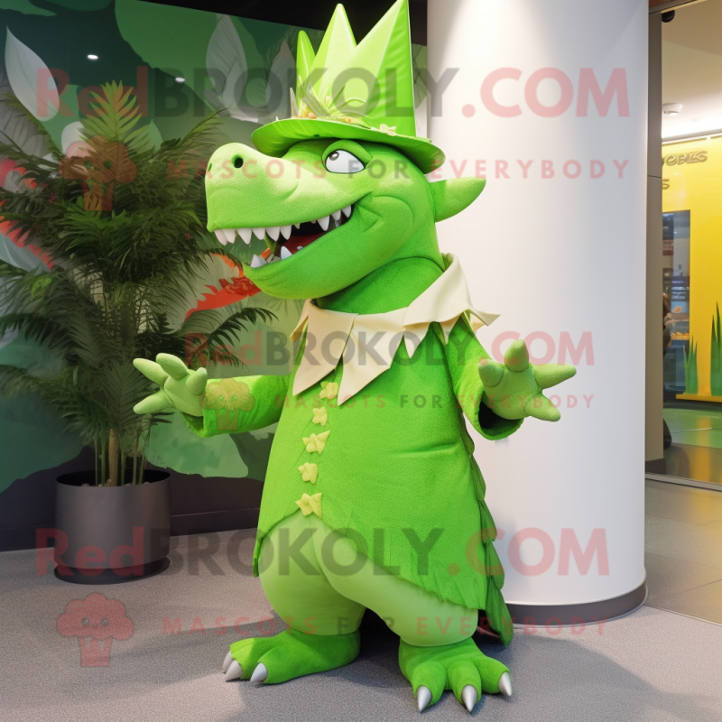 Lime Green Stegosaurus mascot costume character dressed with a Coat and Hats