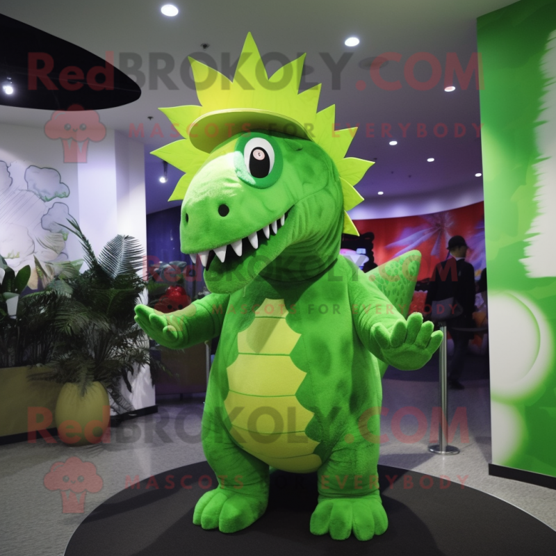 Lime Green Stegosaurus mascot costume character dressed with a Coat and Hats Lime Green Stegosaurus mascot costume character dressed with a Coat and Hats