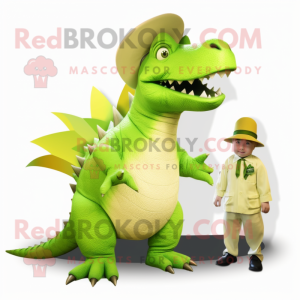 Lime Green Stegosaurus mascot costume character dressed with a Coat and Hats