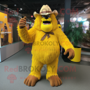 Yellow Sasquatch mascot costume character dressed with a Dress Pants and Hats