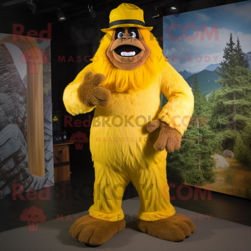 Yellow Sasquatch mascot costume character dressed with a Dress Pants and Hats