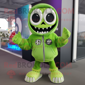 Lime Green Skull mascot costume character dressed with a Sweatshirt and Mittens