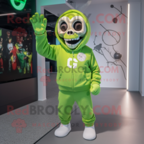 Lime Green Skull mascot costume character dressed with a Sweatshirt and Mittens