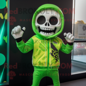 Lime Green Skull mascot costume character dressed with a Sweatshirt and Mittens
