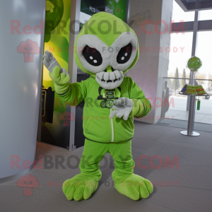 Lime Green Skull mascot costume character dressed with a Sweatshirt and Mittens
