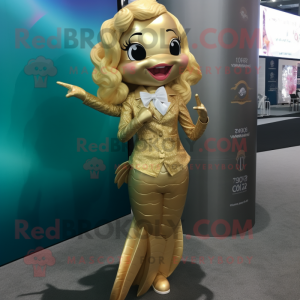 Gold Mermaid mascot costume character dressed with a Blazer and Keychains