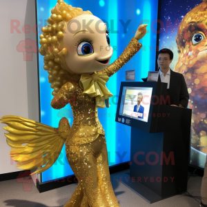 Gold Mermaid mascot costume character dressed with a Blazer and Keychains