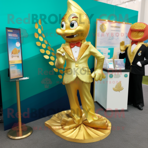 Gold Mermaid mascot costume character dressed with a Blazer and Keychains
