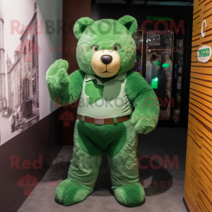 Green Bear mascot costume character dressed with a Henley Tee and Belts