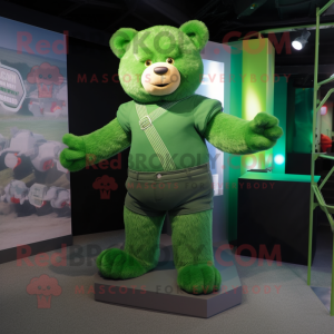 Green Bear mascot costume character dressed with a Henley Tee and Belts