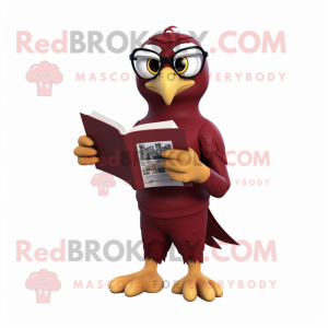 Maroon Falcon mascot costume character dressed with a Polo Shirt and Reading glasses