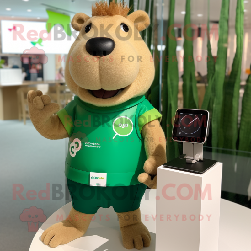 Green Capybara mascot costume character dressed with a Romper and Smartwatches