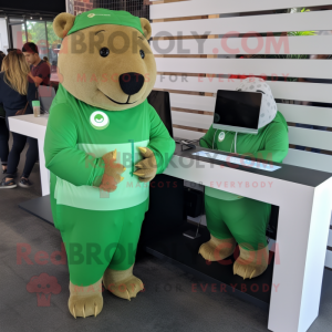 Green Capybara mascot costume character dressed with a Romper and Smartwatches