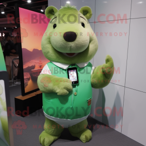 Green Capybara mascot costume character dressed with a Romper and Smartwatches