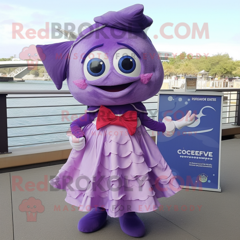 Purple Ceviche mascot costume character dressed with a Empire Waist Dress and Bow ties