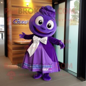 Purple Ceviche mascot costume character dressed with a Empire Waist Dress and Bow ties