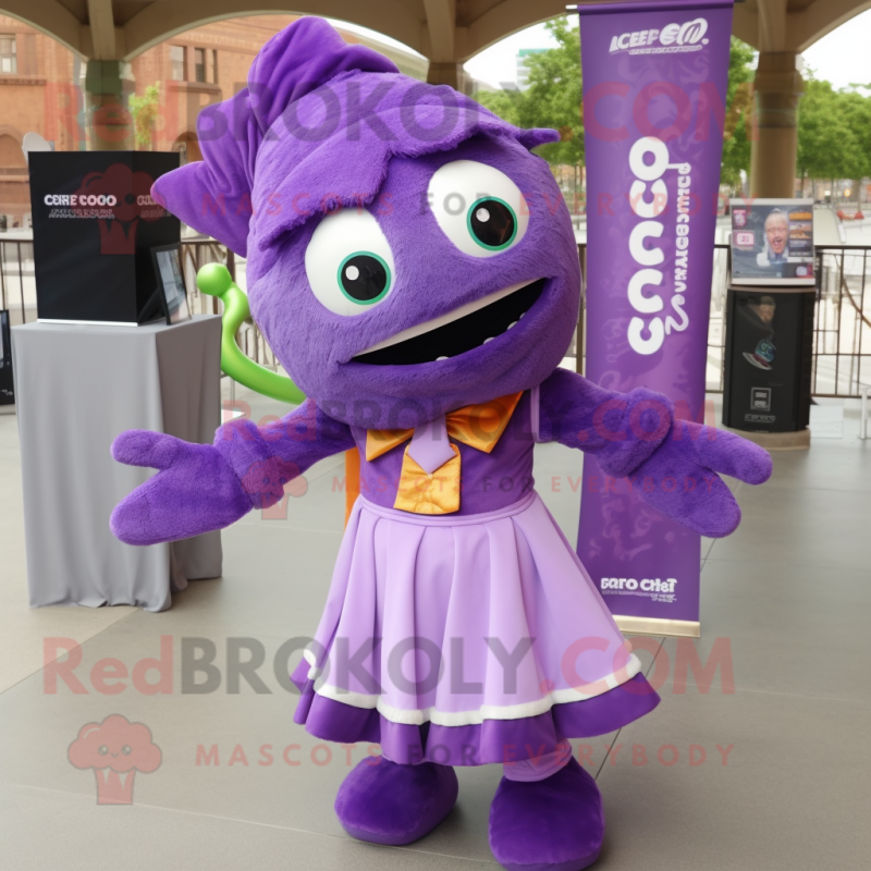 Purple Ceviche mascot costume character dressed with a Empire Waist Dress and Bow ties