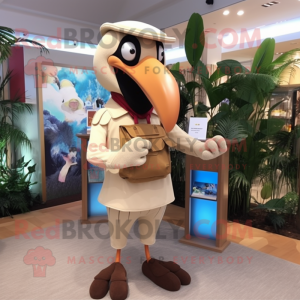 Beige Toucan mascot costume character dressed with a Blouse and Messenger bags