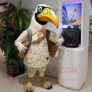 Beige Toucan mascot costume character dressed with a Blouse and Messenger bags