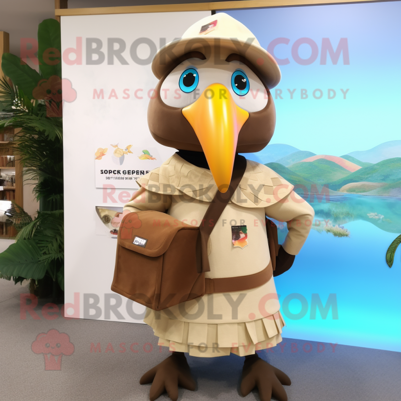 Beige Toucan mascot costume character dressed with a Blouse and Messenger bags Beige Toucan mascot costume character dressed with a Blouse and Messenger bags