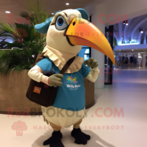 Beige Toucan mascot costume character dressed with a Blouse and Messenger bags