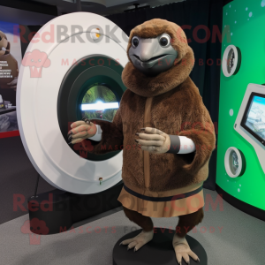 Brown Kiwi mascot costume character dressed with a Turtleneck and Rings