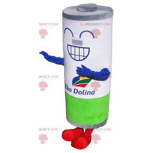 Mascote gigante pilha branco cinza e verde sorrindo -