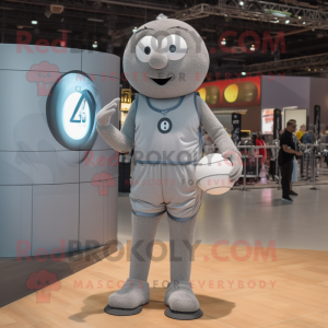 Gray Volleyball Ball mascot costume character dressed with a Overalls and Digital watches