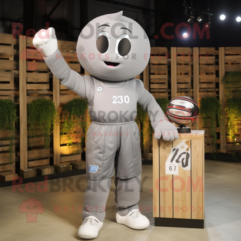 Gray Volleyball Ball mascot costume character dressed with a Overalls and Digital watches Gray Volleyball Ball mascot costume character dressed with a Overalls and Digital watches