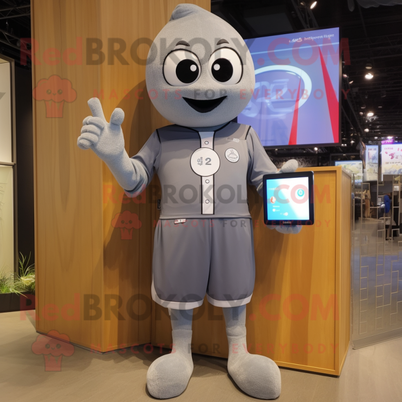 Gray Volleyball Ball mascot costume character dressed with a Overalls and Digital watches Gray Volleyball Ball mascot costume character dressed with a Overalls and Digital watches