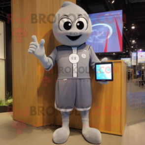 Gray Volleyball Ball mascot costume character dressed with a Overalls and Digital watches