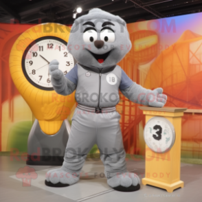 Gray Volleyball Ball mascot costume character dressed with a Overalls and Digital watches