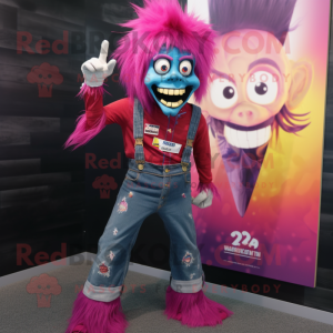 Magenta Undead mascot costume character dressed with a Flare Jeans and Suspenders