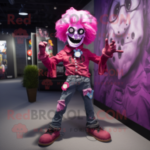 Magenta Undead mascot costume character dressed with a Flare Jeans and Suspenders
