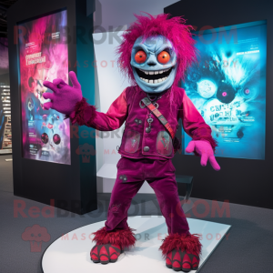 Magenta Undead mascot costume character dressed with a Flare Jeans and Suspenders