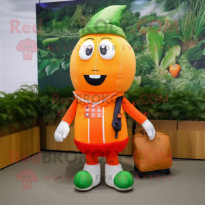 Orange Radish mascot costume character dressed with a Rash Guard and Messenger bags