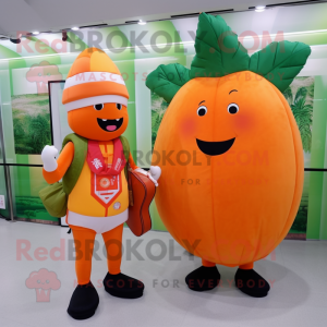 Orange Radish mascot costume character dressed with a Rash Guard and Messenger bags