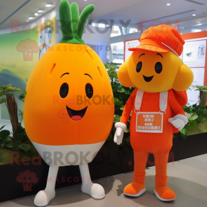 Orange Radish mascot costume character dressed with a Rash Guard and Messenger bags