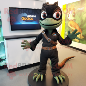 Black Geckos mascot costume character dressed with a Cargo Shorts and Gloves