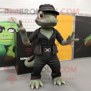 Black Geckos mascot costume character dressed with a Cargo Shorts and Gloves