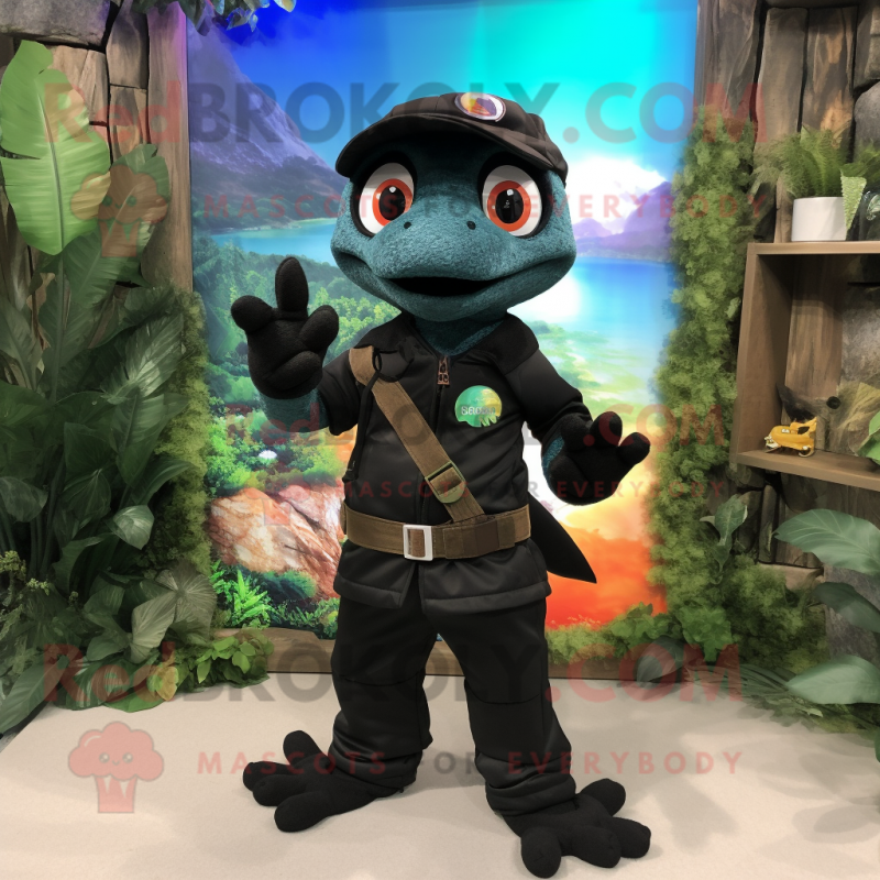 Black Geckos mascot costume character dressed with a Cargo Shorts and Gloves Black Geckos mascot costume character dressed with a Cargo Shorts and Gloves