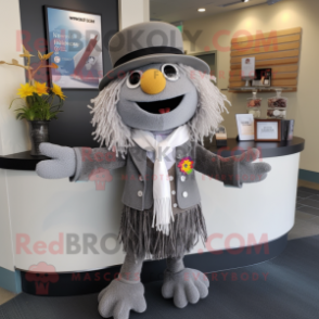 Gray Pho mascot costume character dressed with a Suit Jacket and Scarf clips