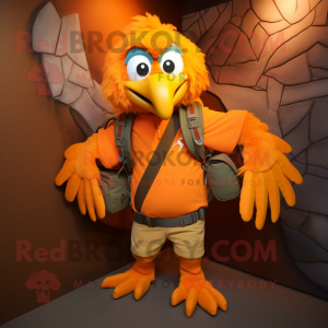 Orange Harpy mascot costume character dressed with a Waistcoat and Backpacks