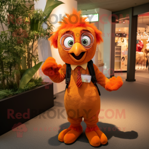 Orange Harpy mascot costume character dressed with a Waistcoat and Backpacks
