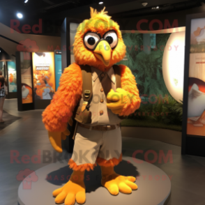 Orange Harpy mascot costume character dressed with a Waistcoat and Backpacks
