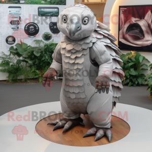 Silver Pangolin mascot costume character dressed with a Overalls and Rings